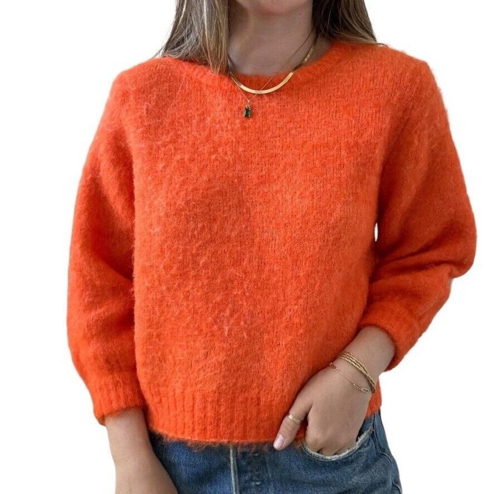 American Vintage Womens Neon Orange Fluffy Alpaca Blend Cropped Sweater Sz S